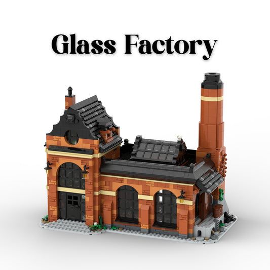 Model of a glass factory made from interlocking bricks on a white background with 'Glass Factory' text above.